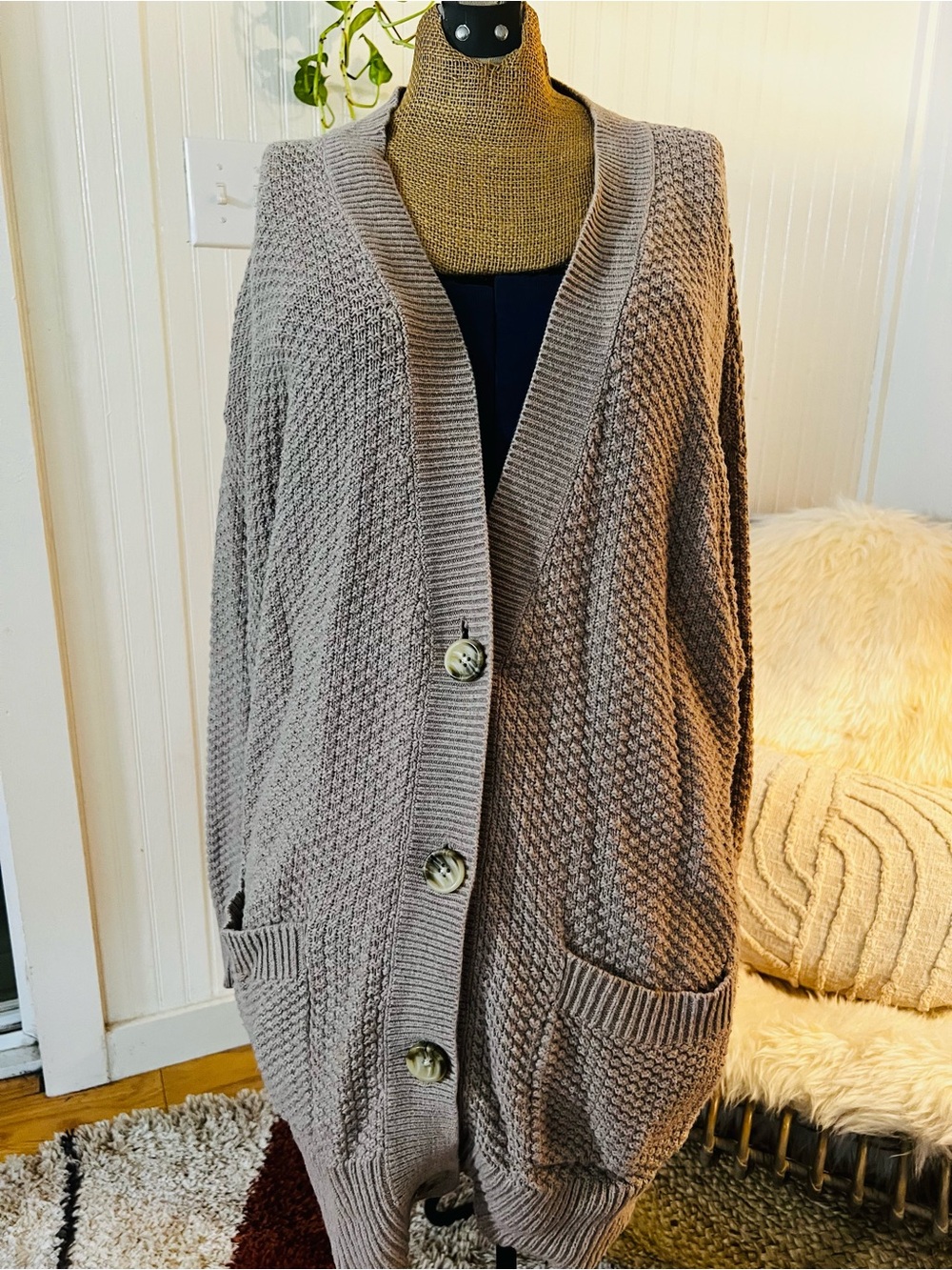 Taupe Aerie Chunky Knit Button-Front Women's Sweater Cardigan Grandpa style